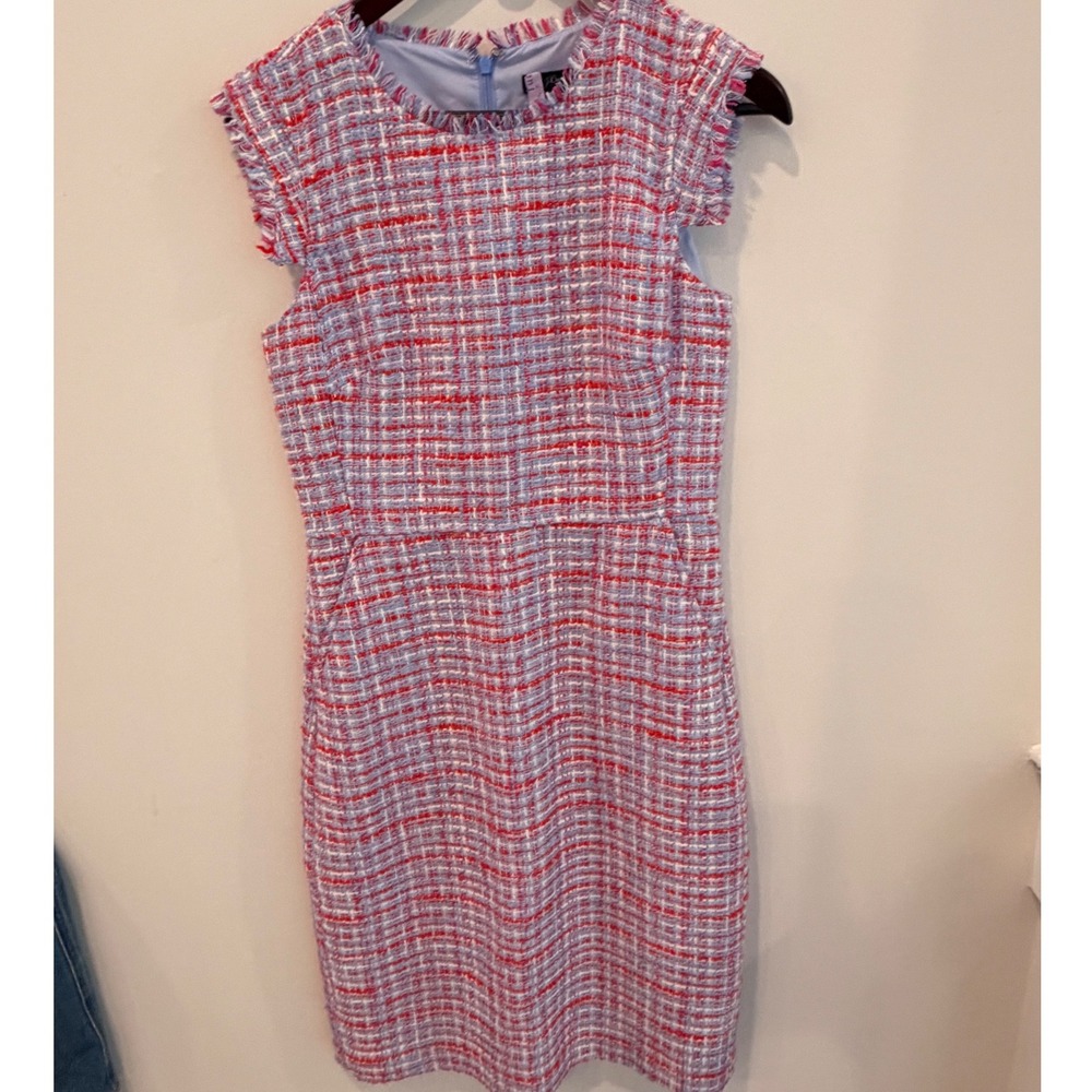 J. Crew Red White Blue Tweed Fringe Sheath Dress L6613 Size 6‎